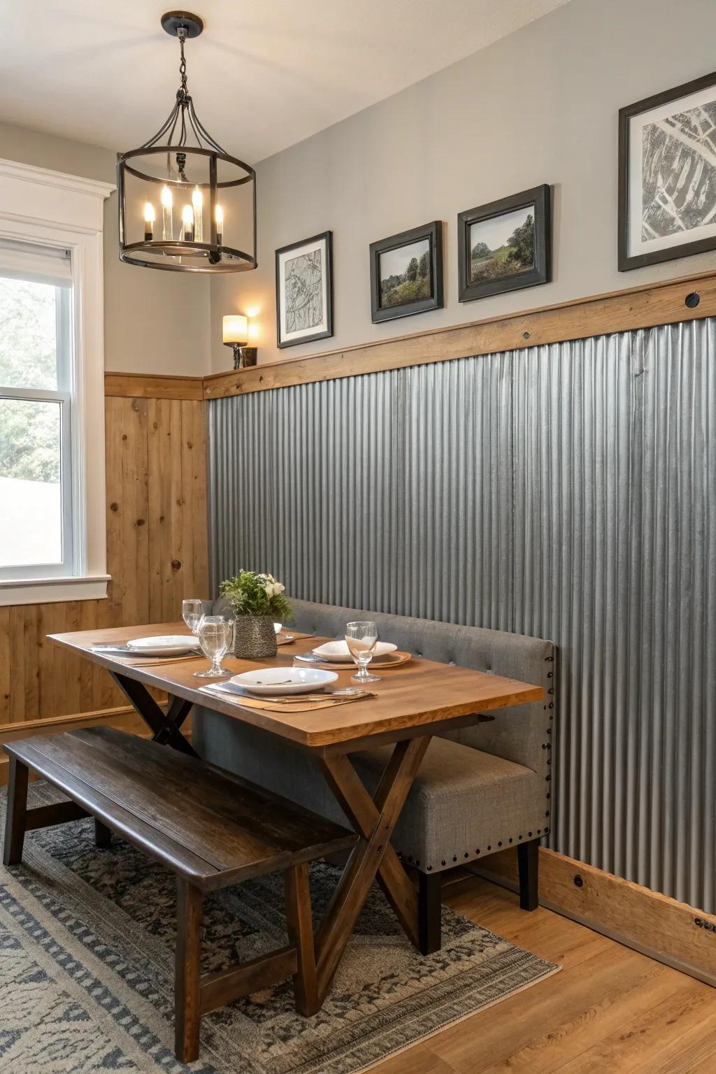 Introduce splendor and sophistication to your dining space through metallic wall paneling.