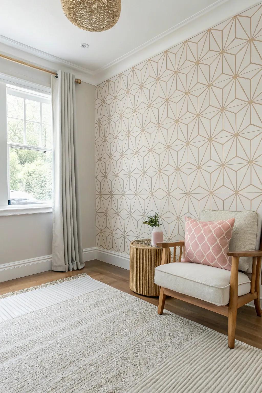 Minimalist room with subtle geometric mid-century wallpaper.