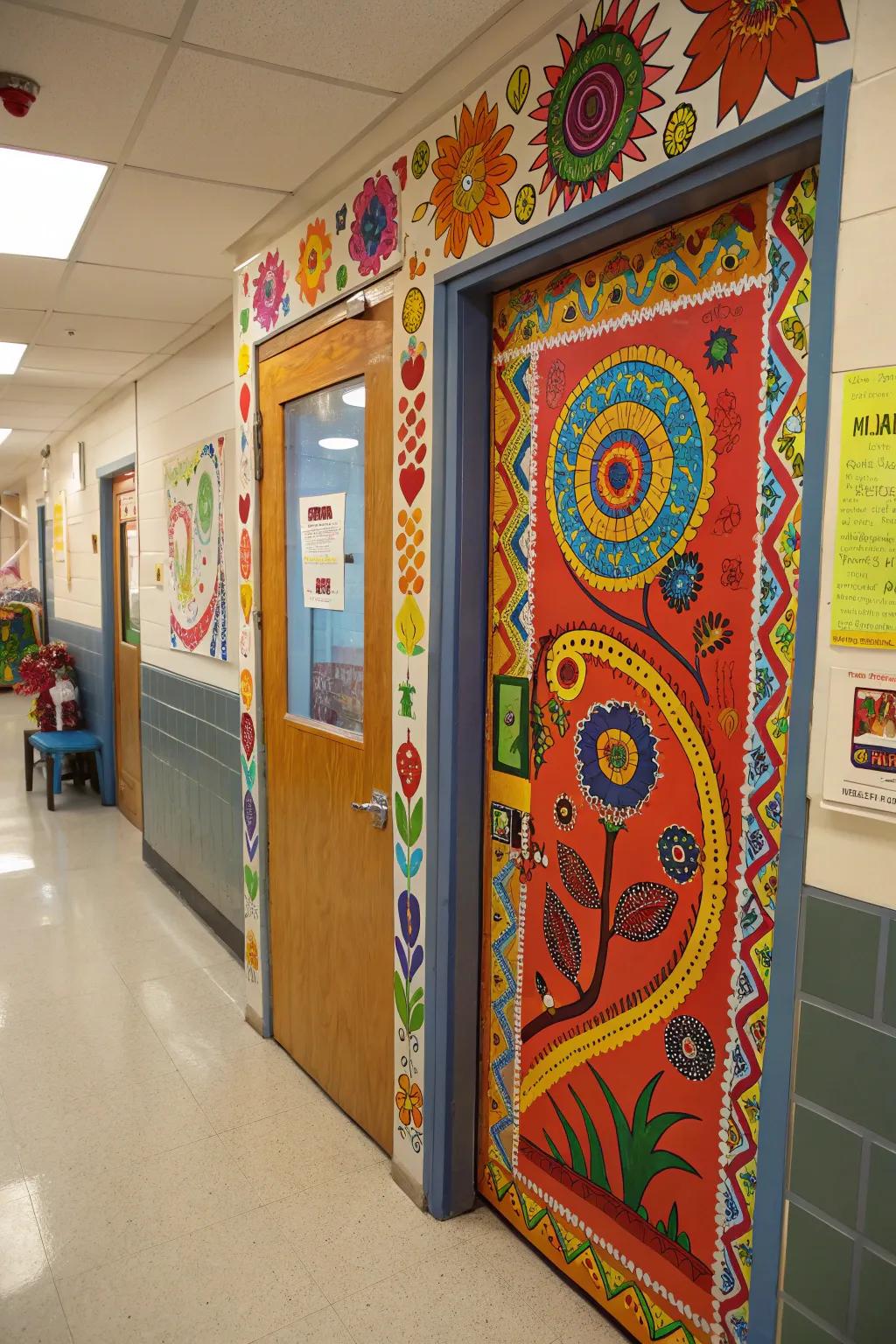 A burst of colorful creativity on a classroom door.