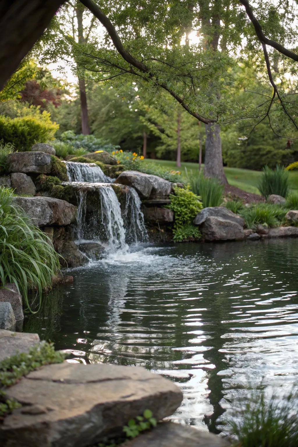 A small pond with a falling water element brings extra calm.