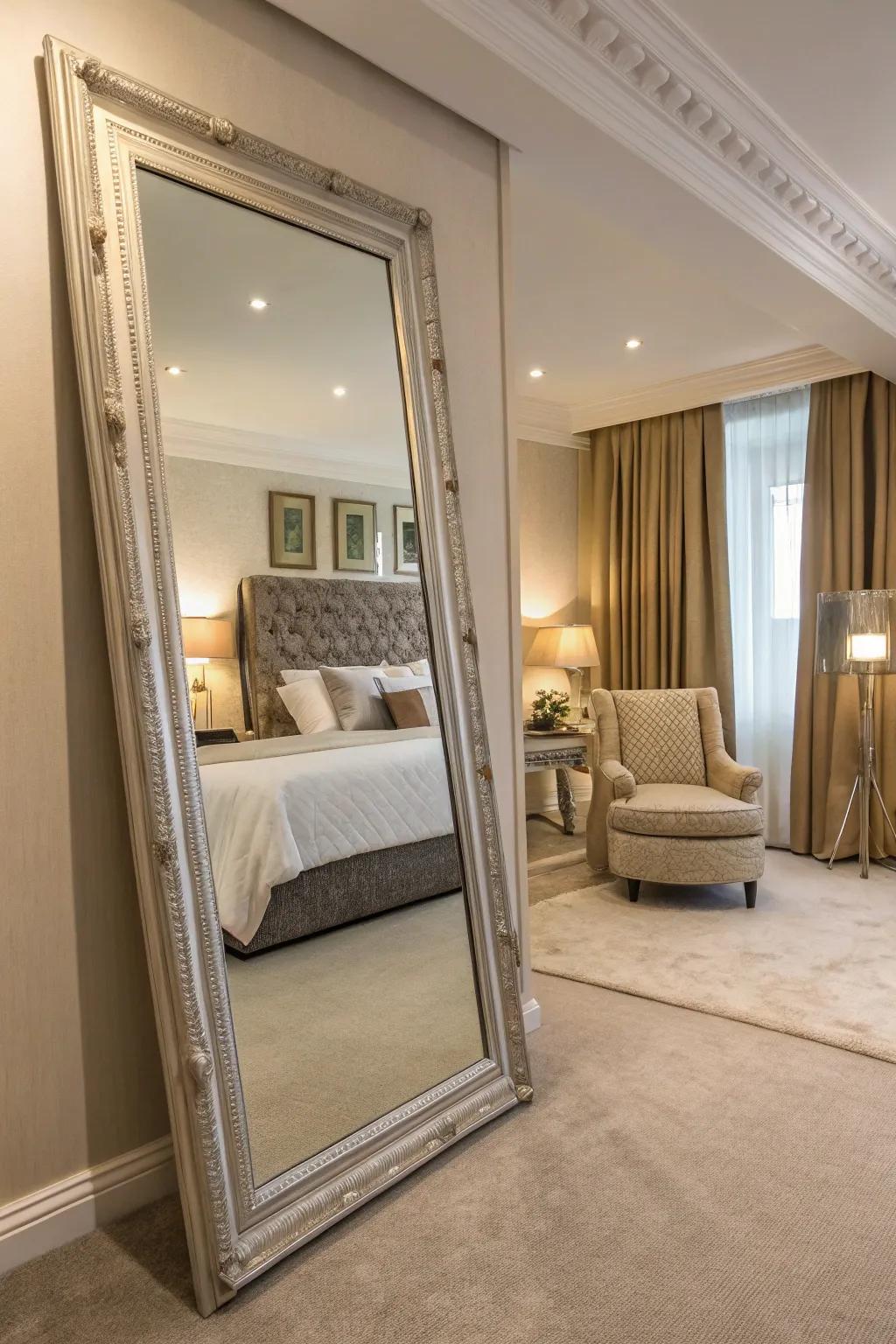 Floor mirrors infuse your bedroom with depth and sophistication.