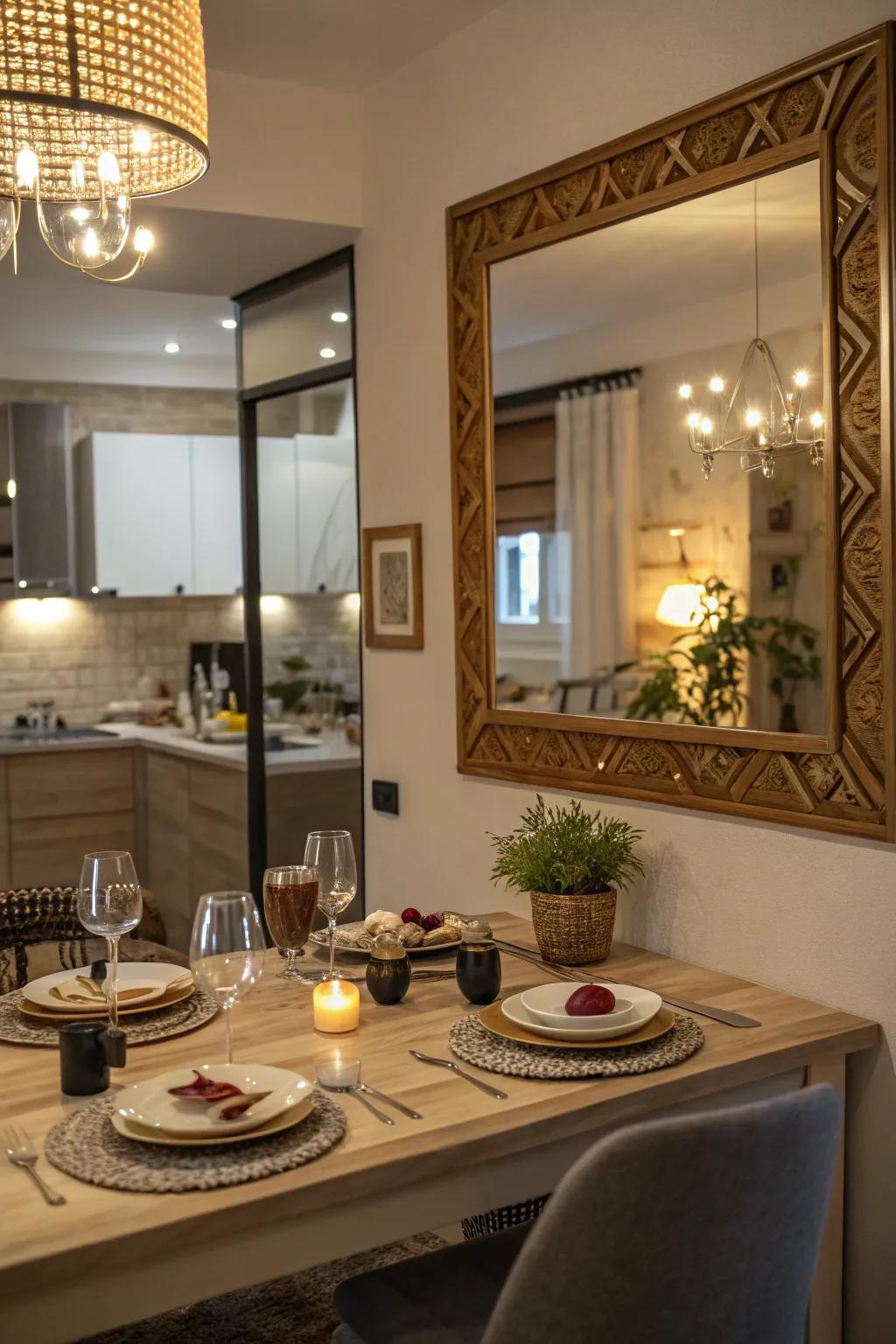 A dining area mirror reflecting light and adding warmth to family meals.