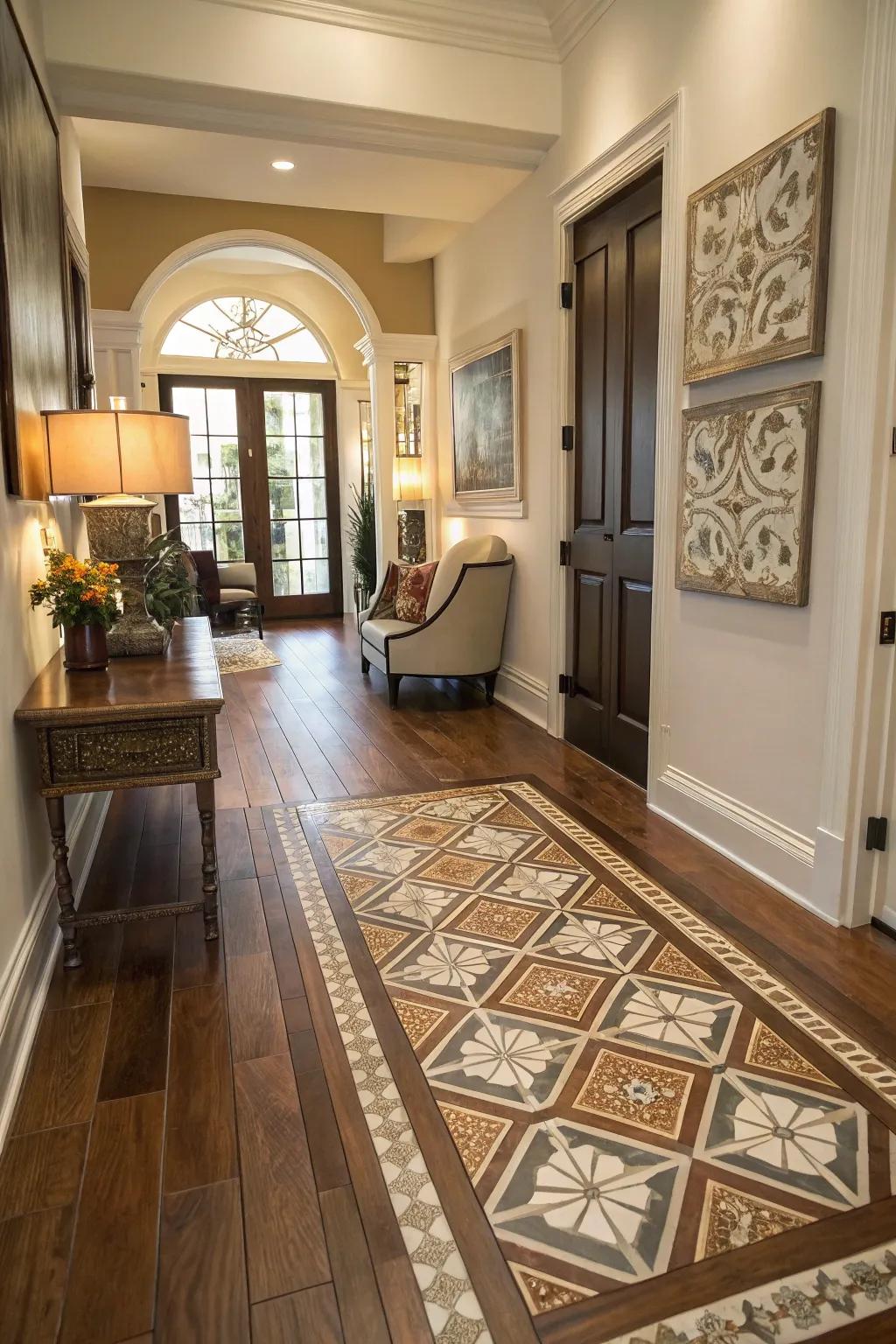 Patterned tiles and hardwood create a striking entryway statement.