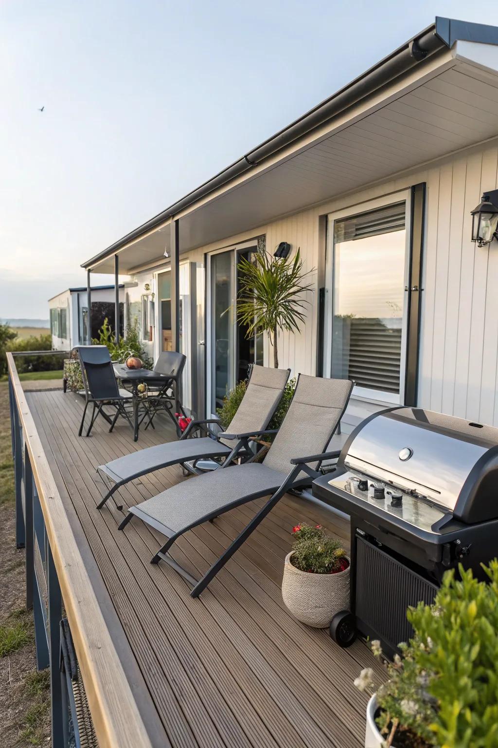 A stylish deck featuring lounge chairs and a barbecue grill, ideal for outdoor gatherings.