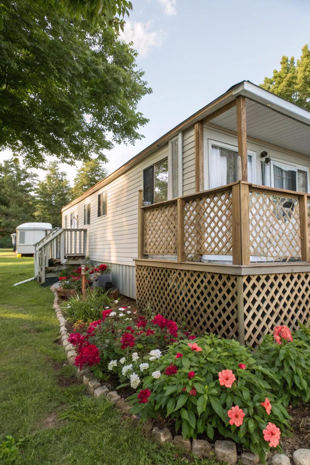 The lattice-style lumber skirting adds a light and open feel with functionality.
