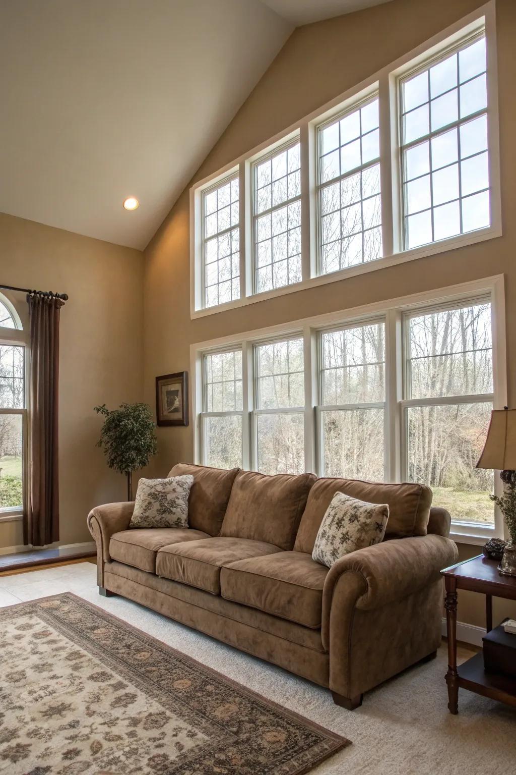 Natural daylight amplifies the ventilated impression around the chocolate sofa.