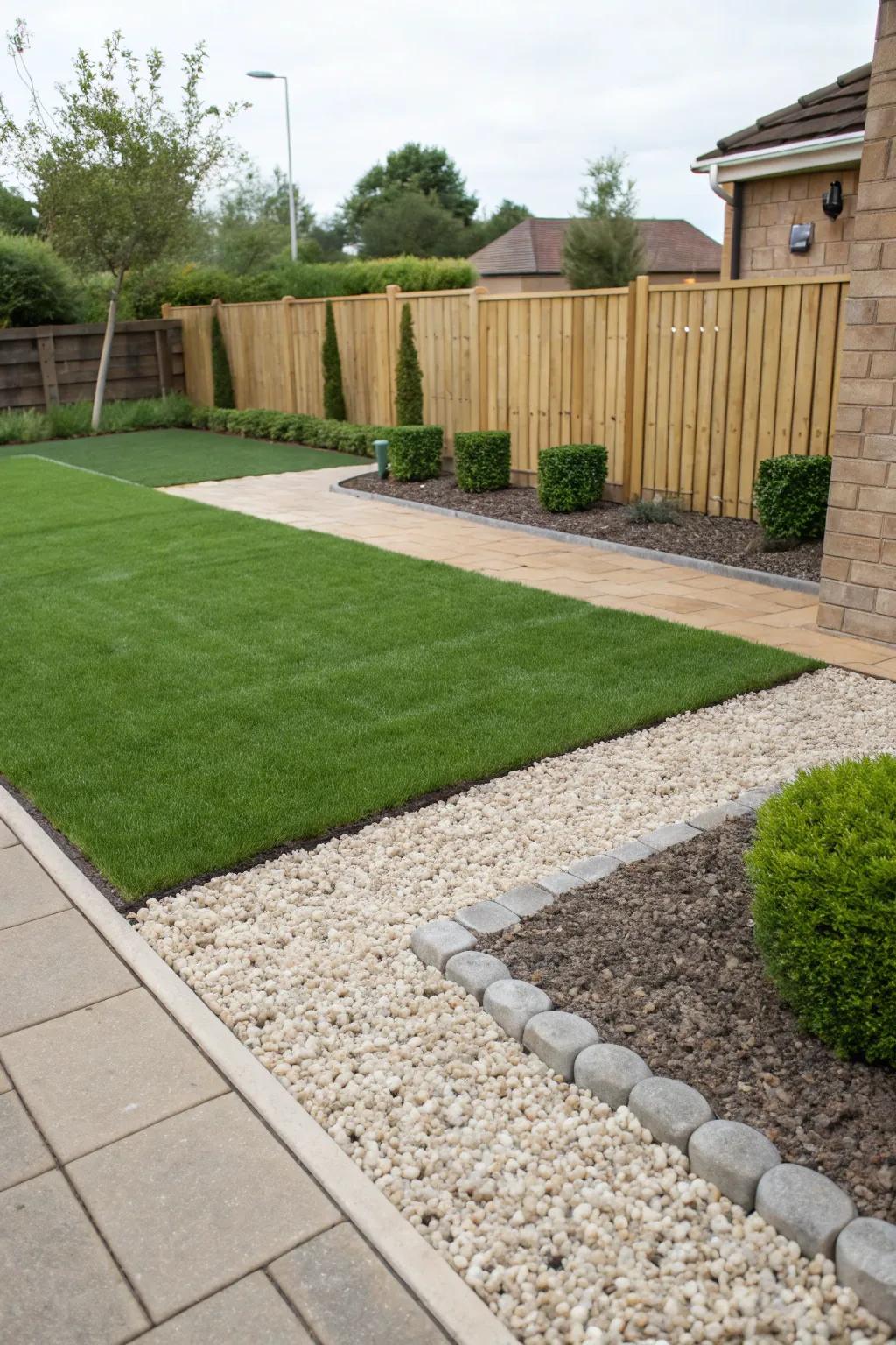 A modern front yard layout employing artificial turf and contrasting crushed rock.
