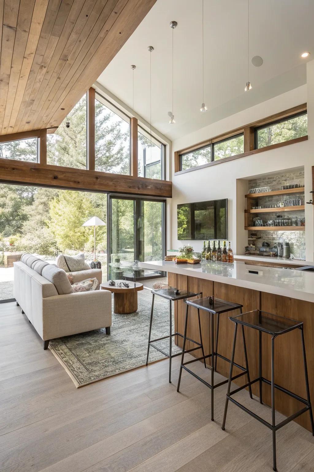 An open layout that beautifully incorporates a modern bar.