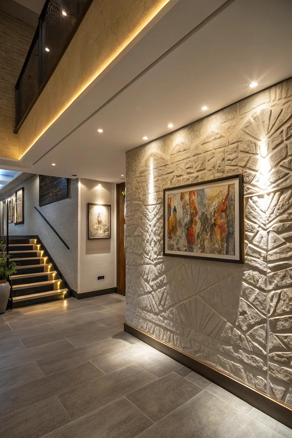 Accent lighting brings out the textures and art, adding depth to the basement.