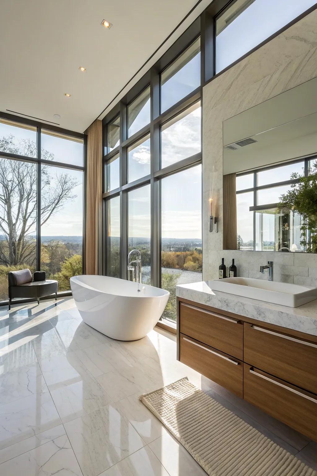 Daylight cascades into the bathroom through spacious windows.