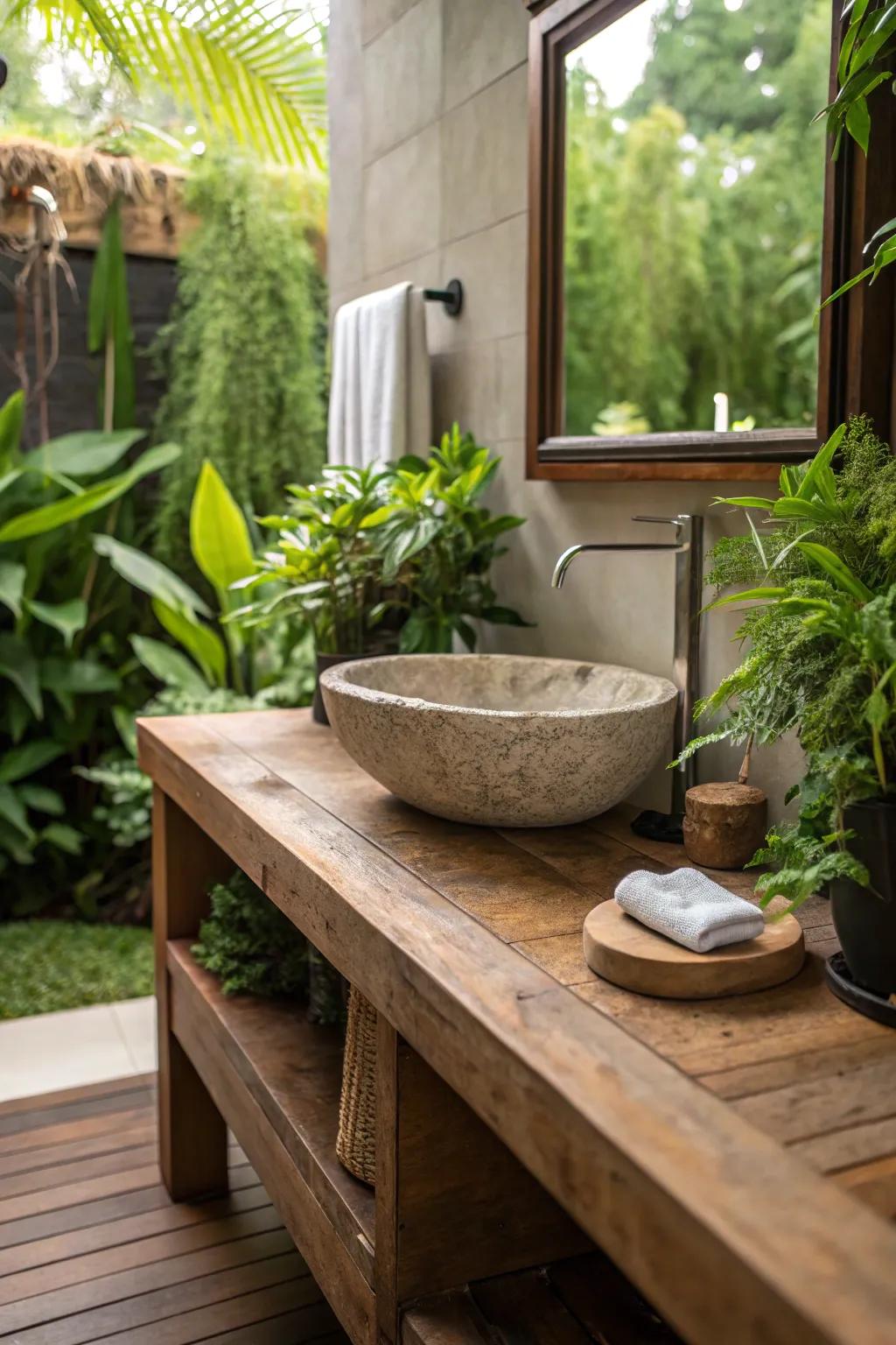 Natural components contribute warmth to modern-day bathrooms.