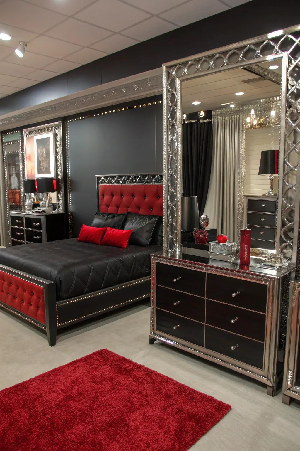 Reflective decorations amplify light and depth.