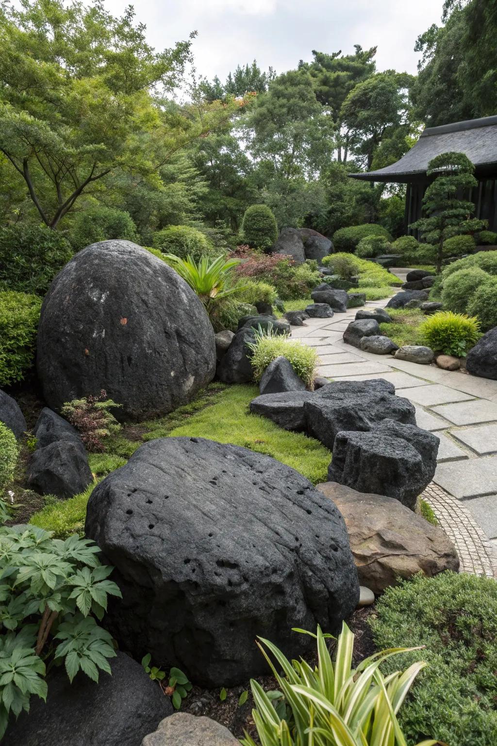 Decorative stones serve as focal points in a dark stone setting.