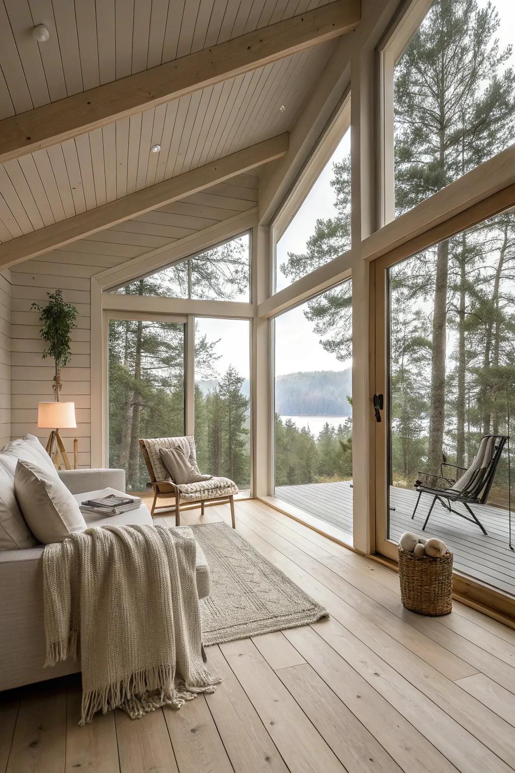 Neutral tones establish a soothing and unified cabin ambiance.