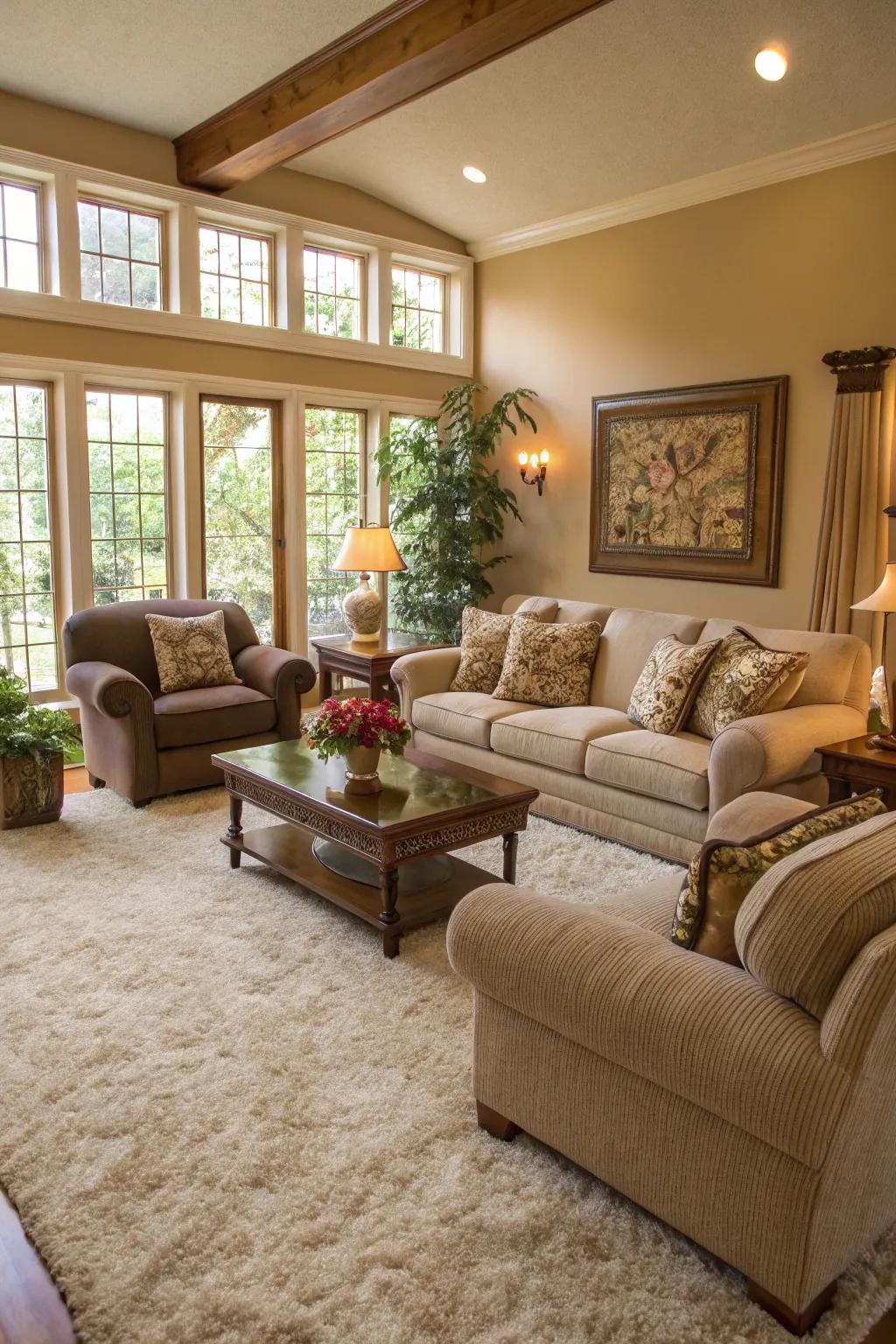 A welcoming sitting room showcases a plush carpet, improving the comfort of a spacious seating arrangement.