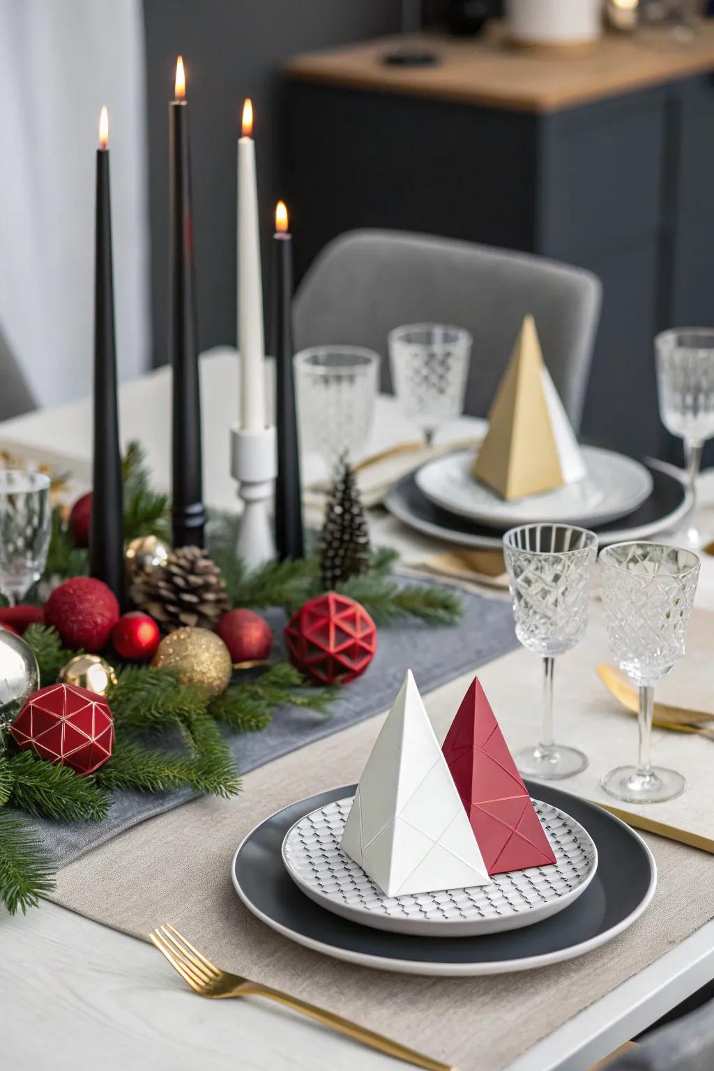 A modern table setting with geometric ornaments and sleek tableware.