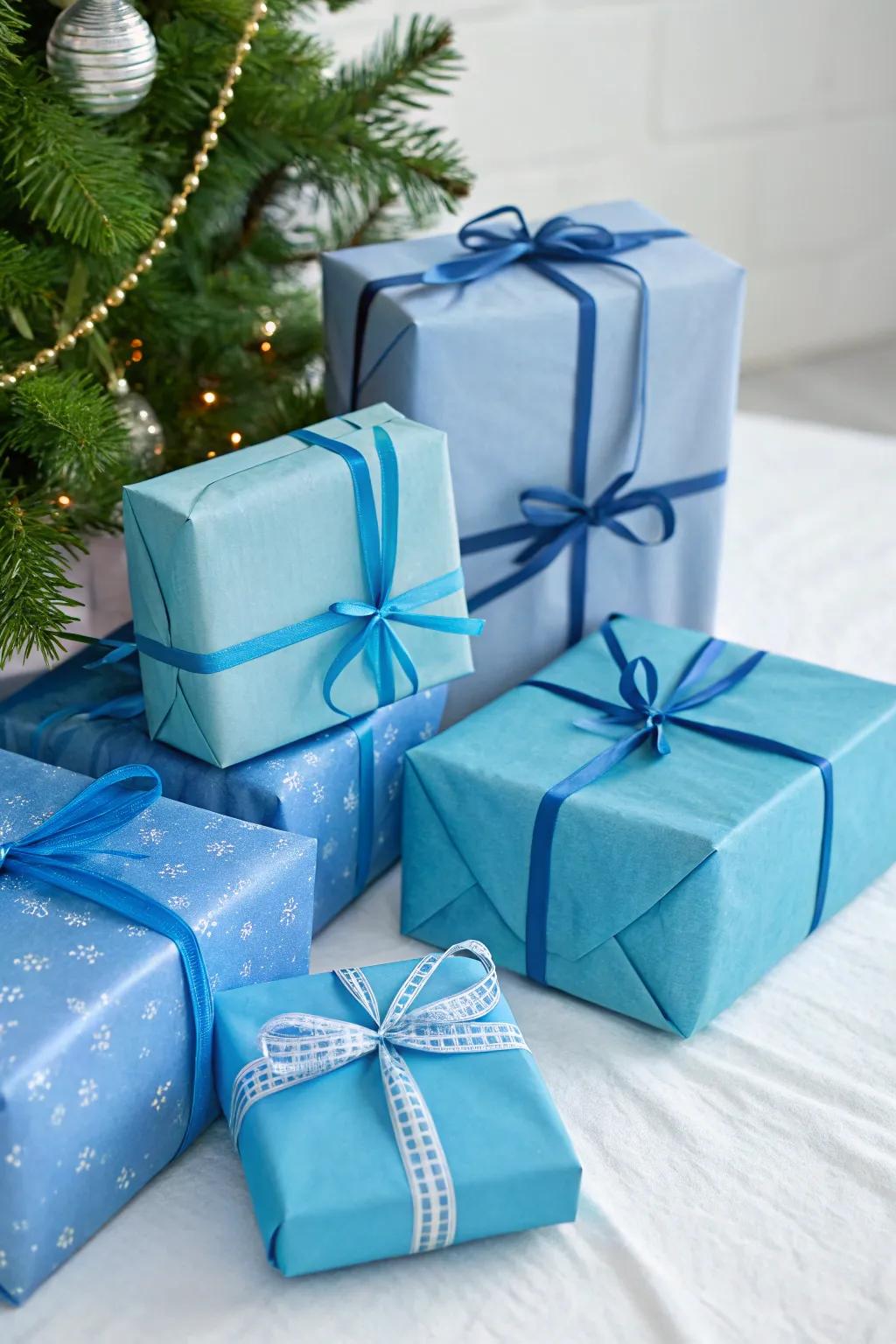 A collection of gifts wrapped in complementary shades, delivering a sleek and elegant presentation.