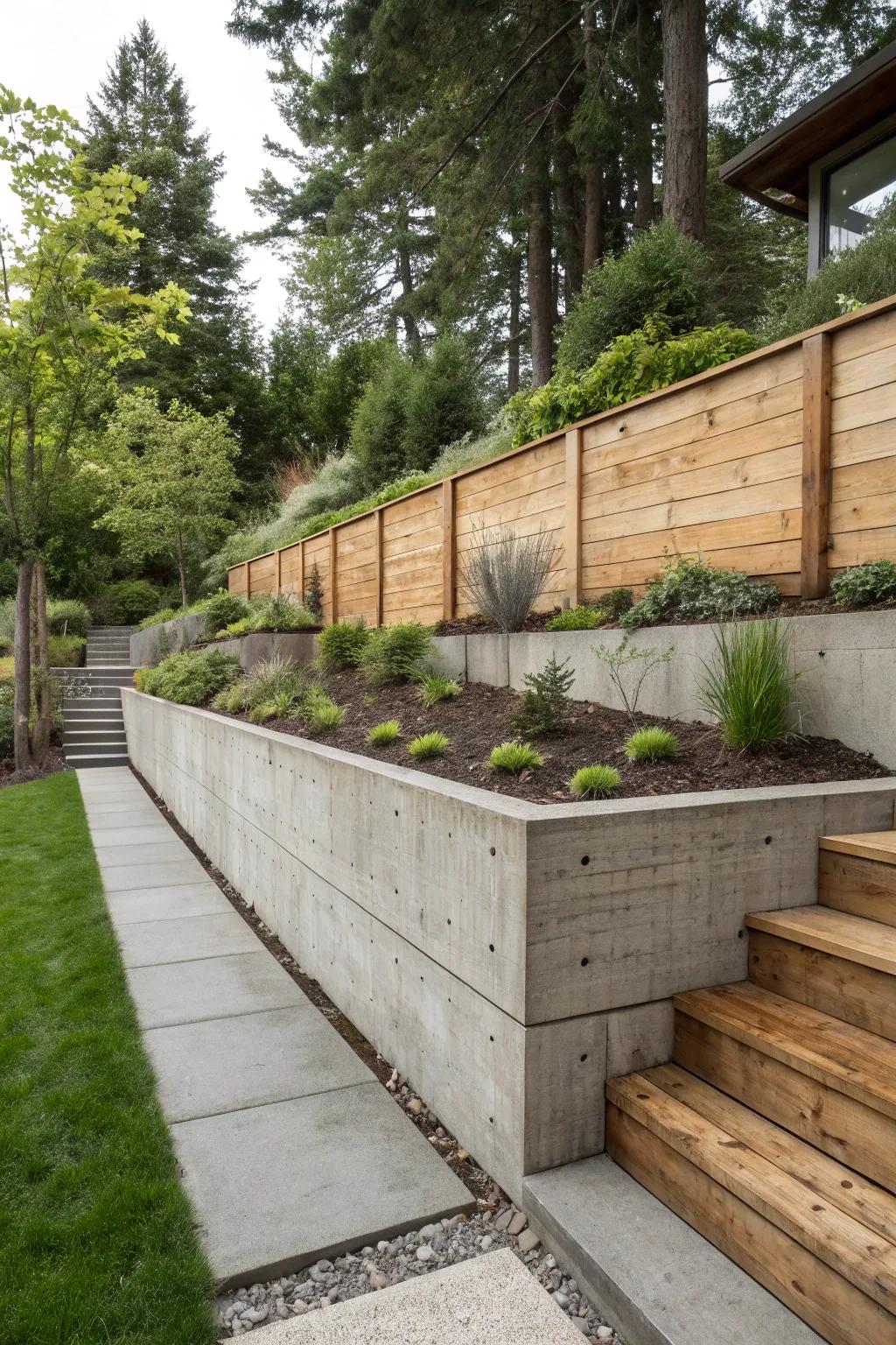 Reinforcement and timber fusion for a captivating retaining wall layout.