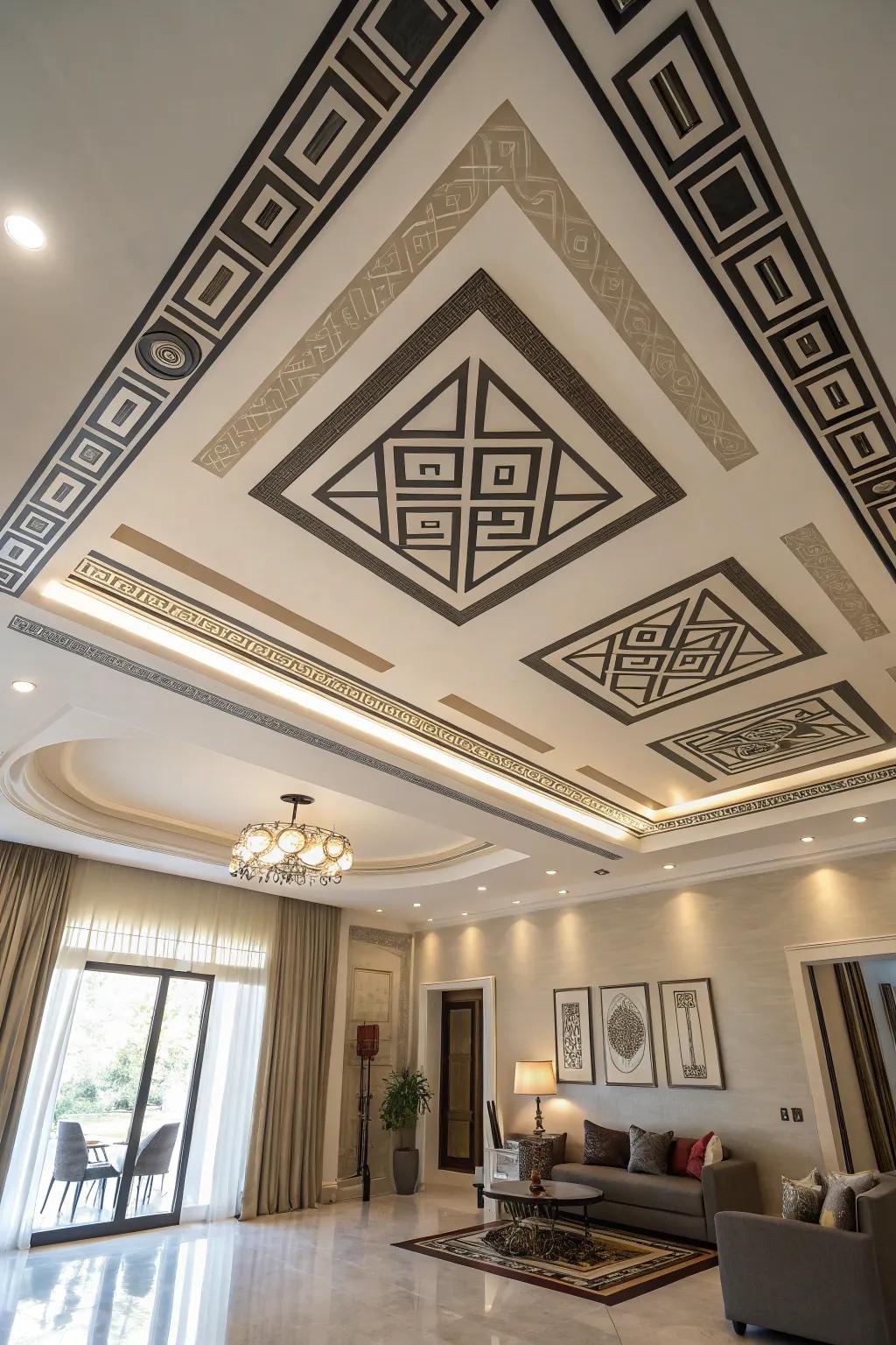 Symmetrical layouts turn ceilings into focal points.
