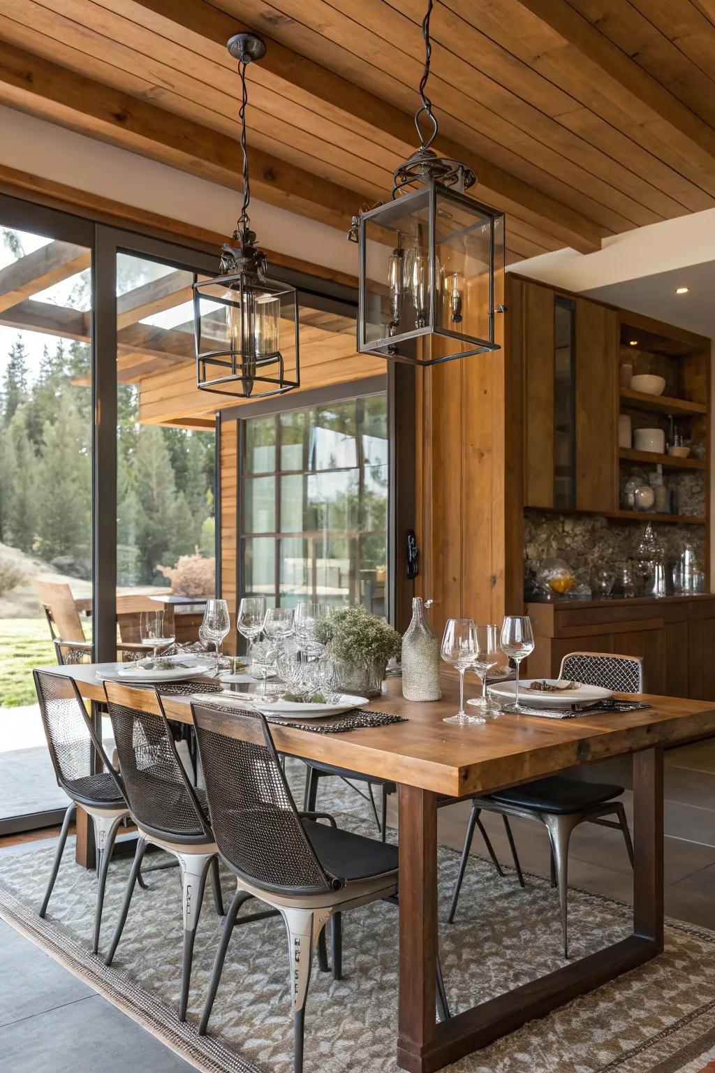 A mix of materials introduces texture and interest to a contemporary dining space.