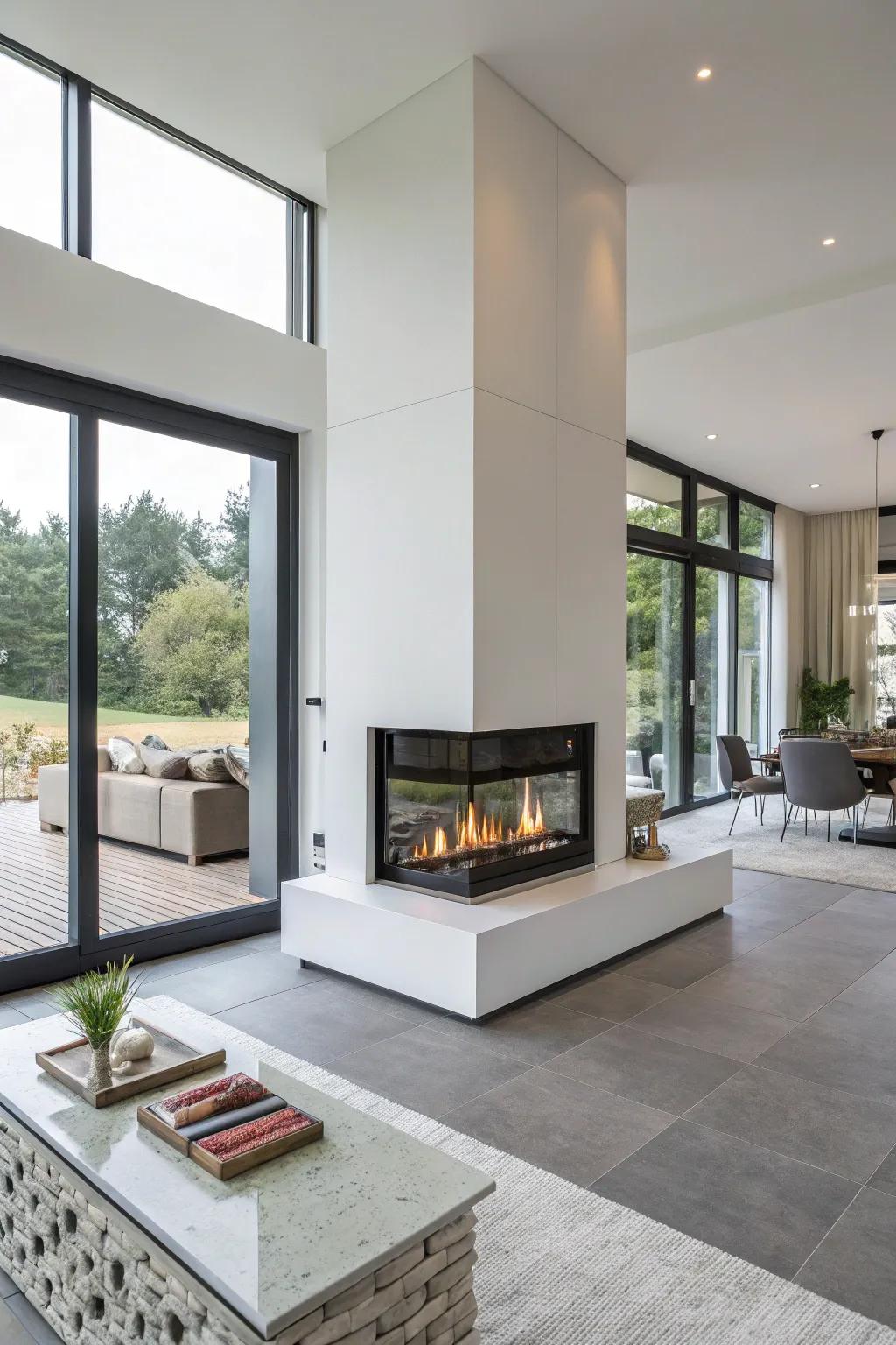 A double-sided electric fireplace serving as a stylish divider in an open-plan space.