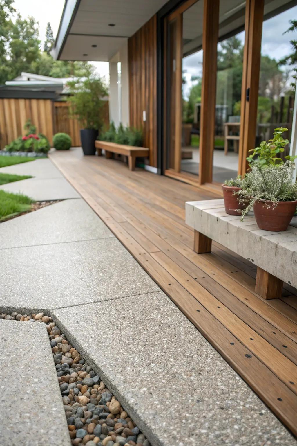 A mix of wood and aggregate creates a unique patio ambiance.