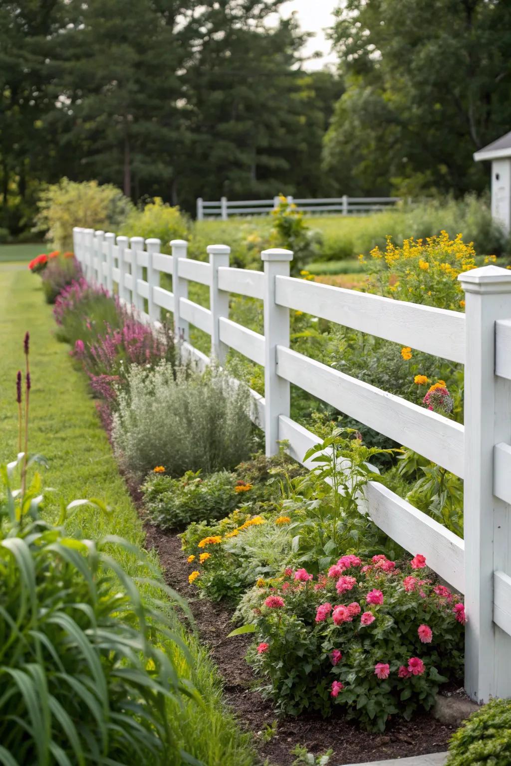 A minimalist fence with clean lines offers an understated support for lush garden plants.