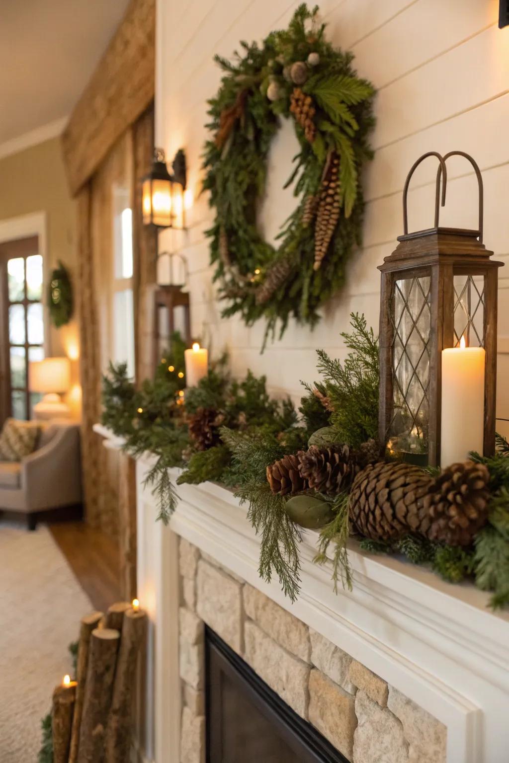Greenery includes a refreshing and welcoming detail to the hearth.