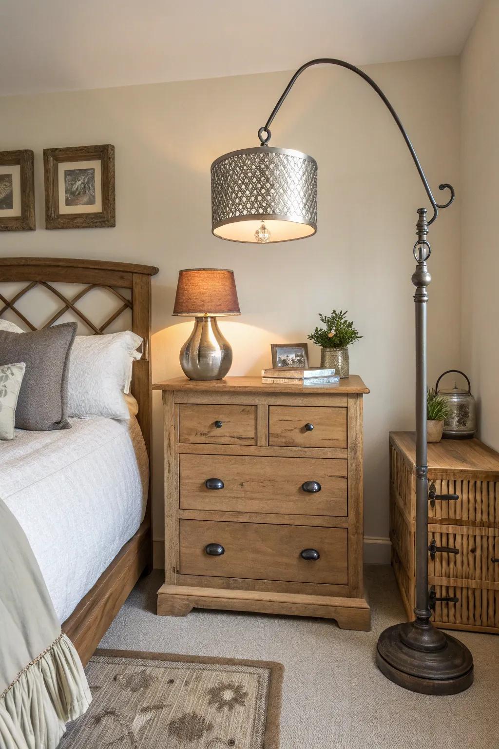 A mix of materials brings depth and interest to this country guest bedroom.
