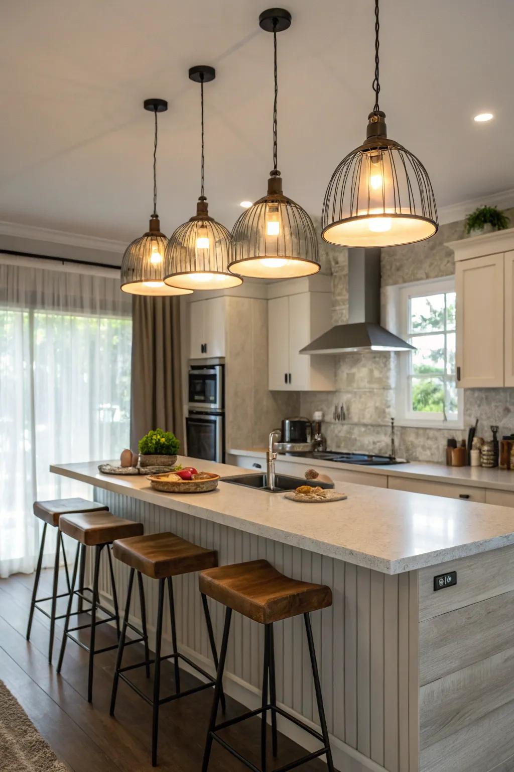 Neutral pendant lights foster a serene kitchen setting.