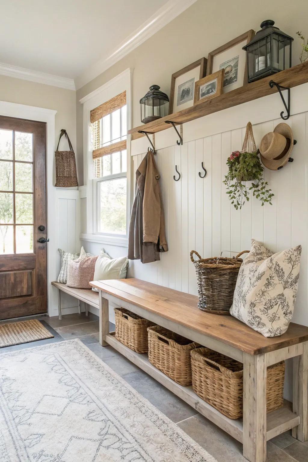 Light and welcoming mudroom featuring neutral colors.
