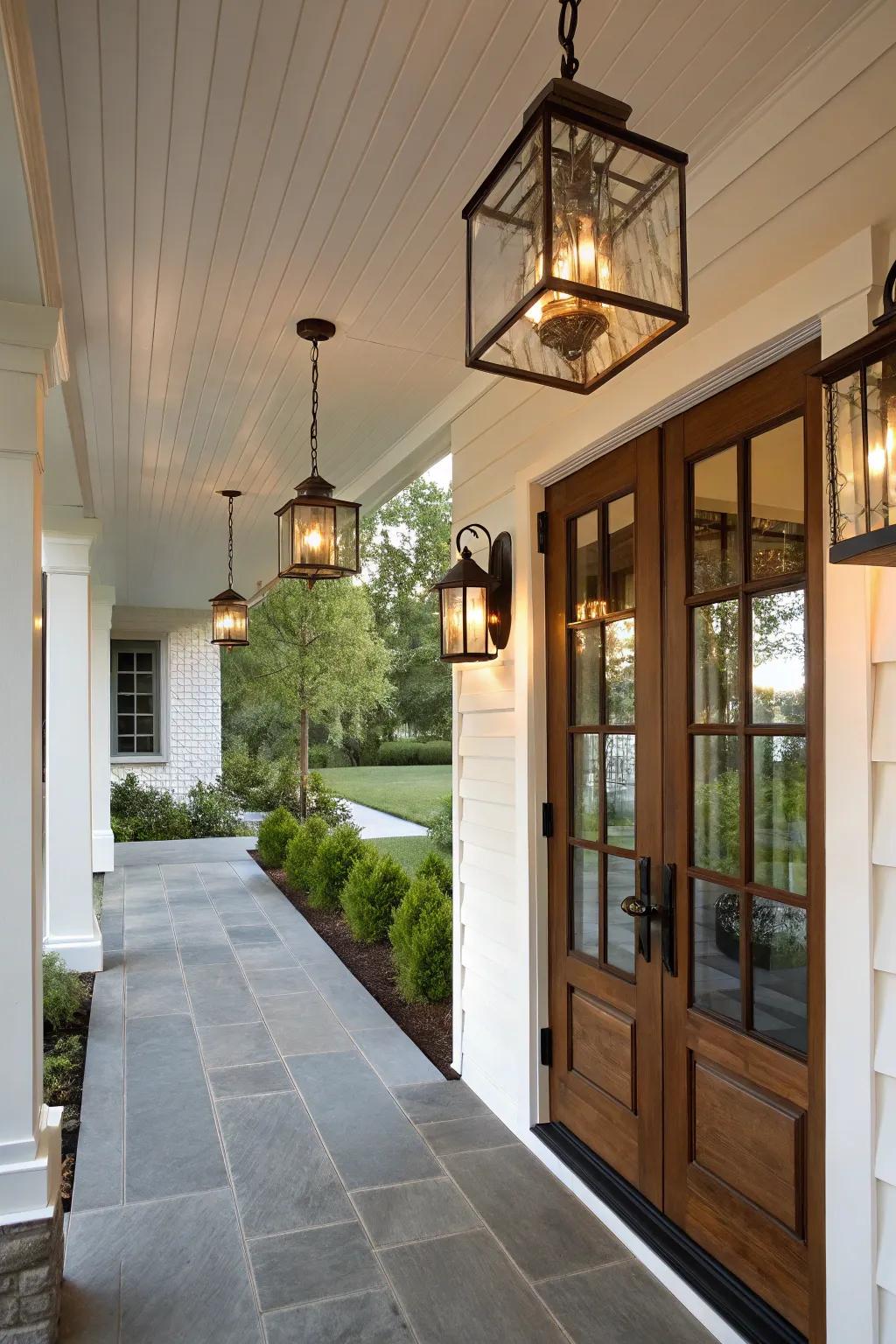Fashionable lighting enhances the ambiance of a contemporary porch.