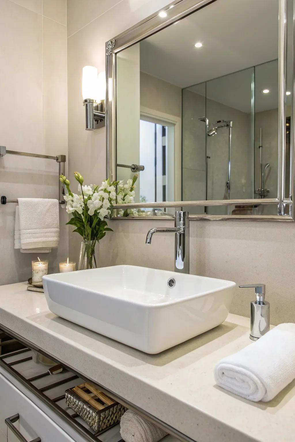 Sleek fixtures add a modern touch to any gray and white bathroom.