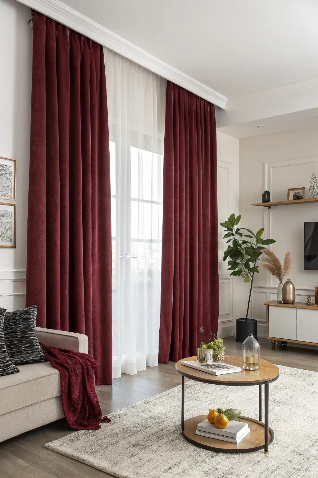 Living area featuring crimson window hangings and up-to-date minimalist decor.