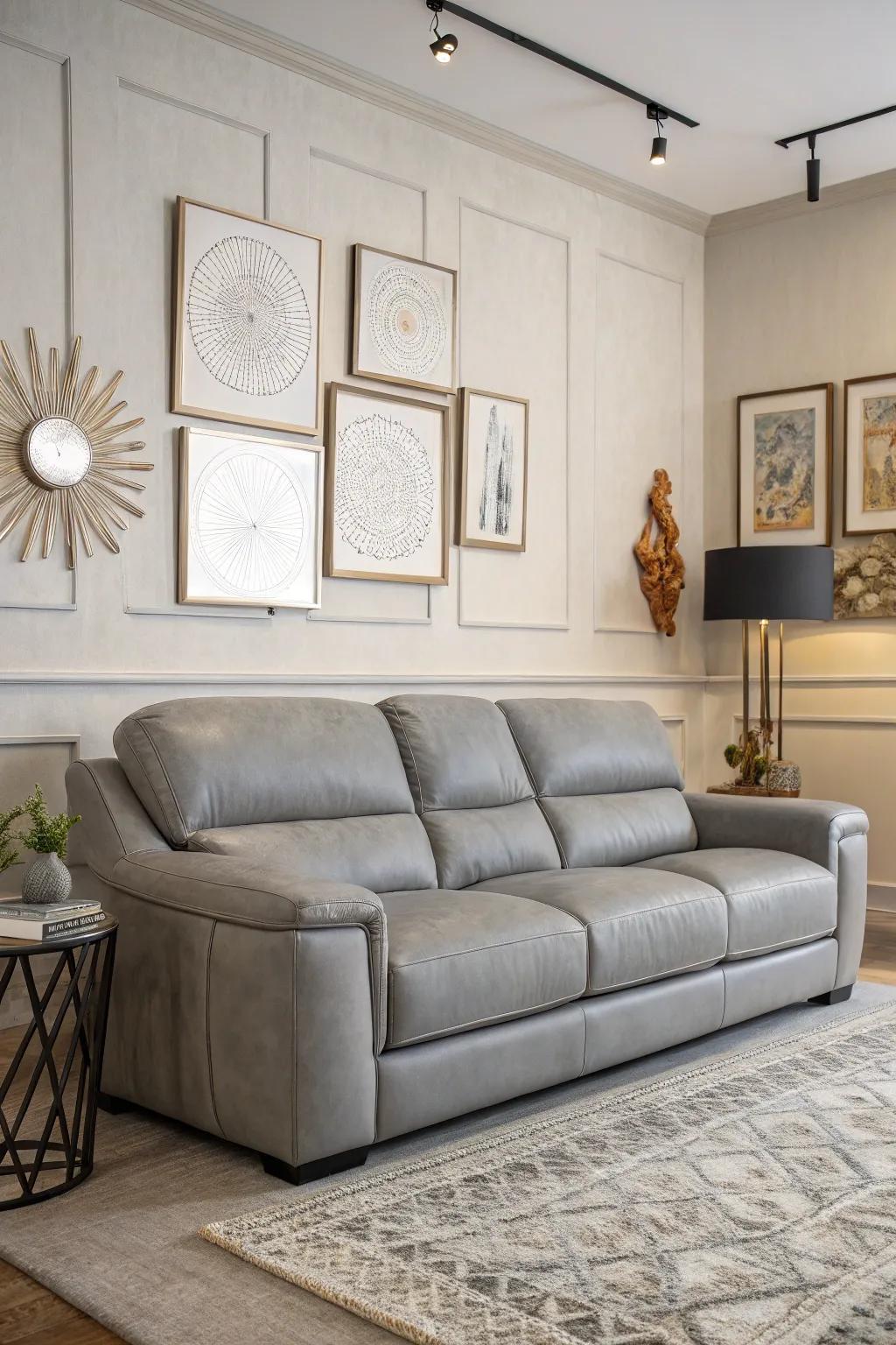 Contemporary wall art enhancing the allure of an ash leather lounger.