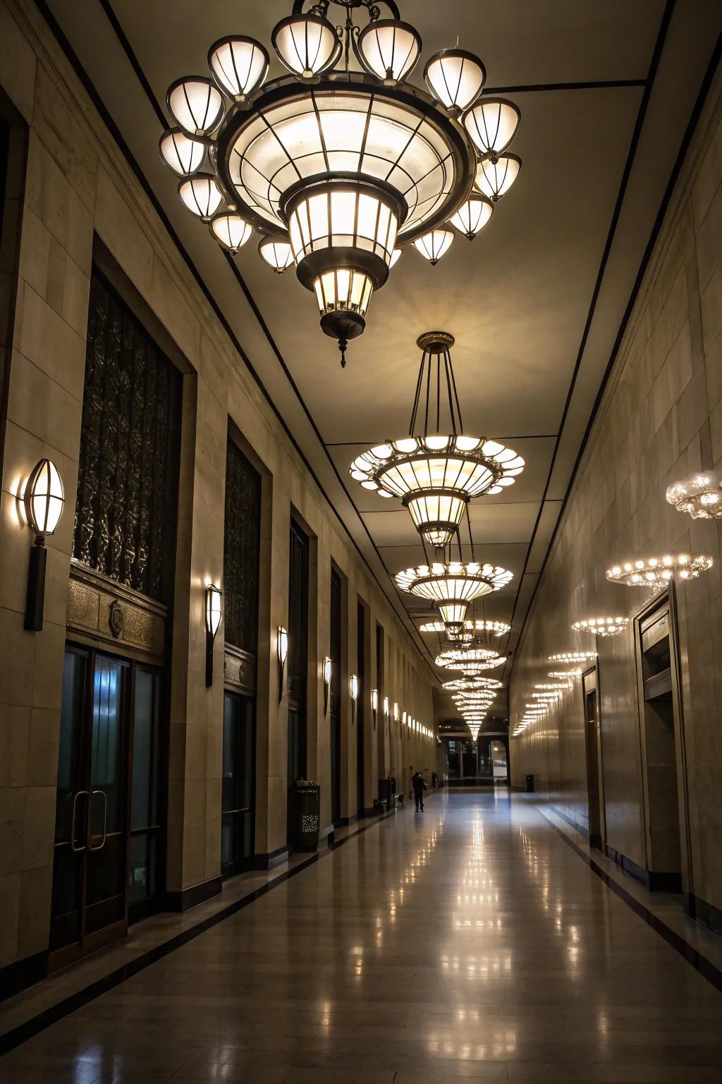 Clustered lighting adds drama and intrigue to any hallway.