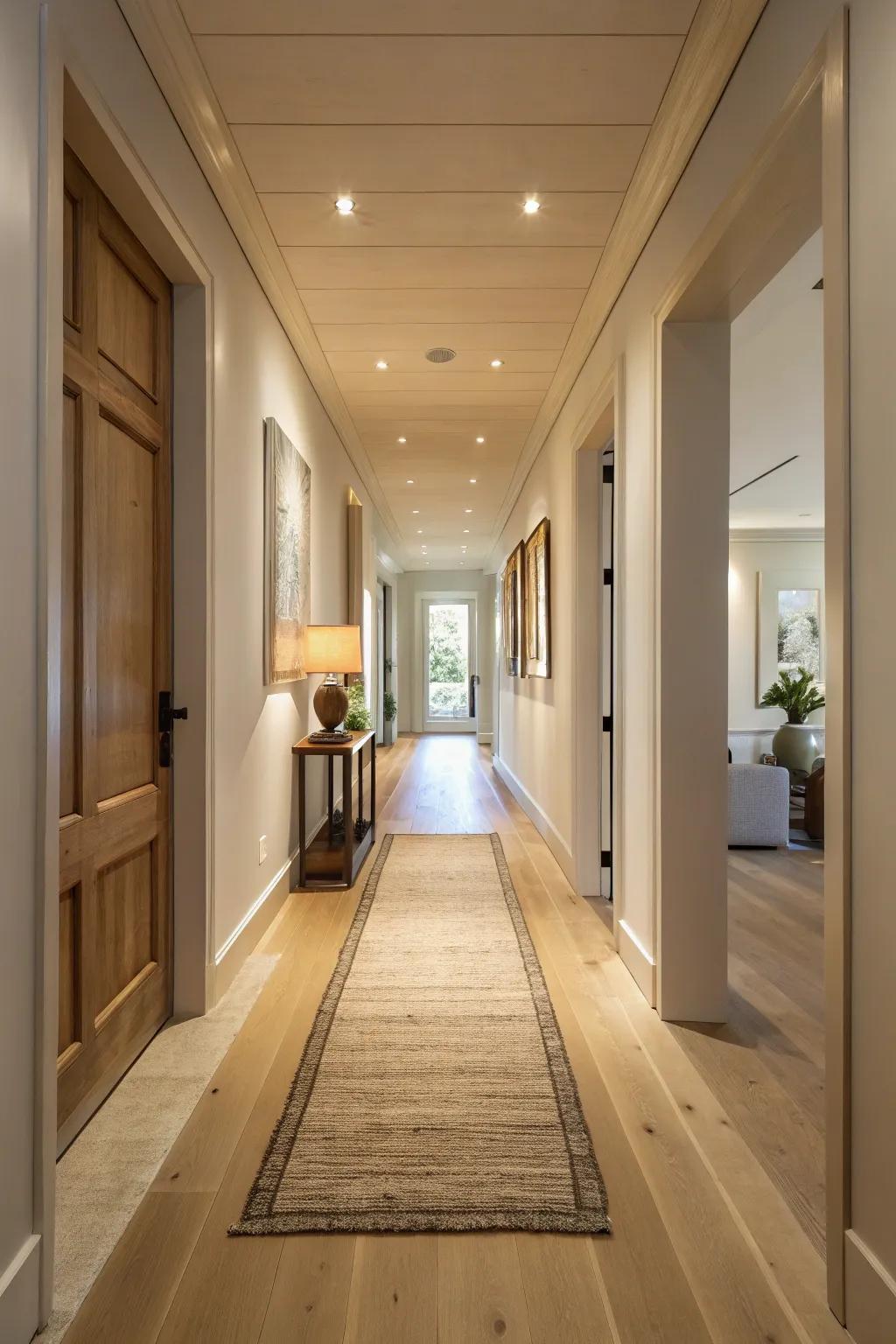 Coordinating flooring adds cohesion to the hallway design.