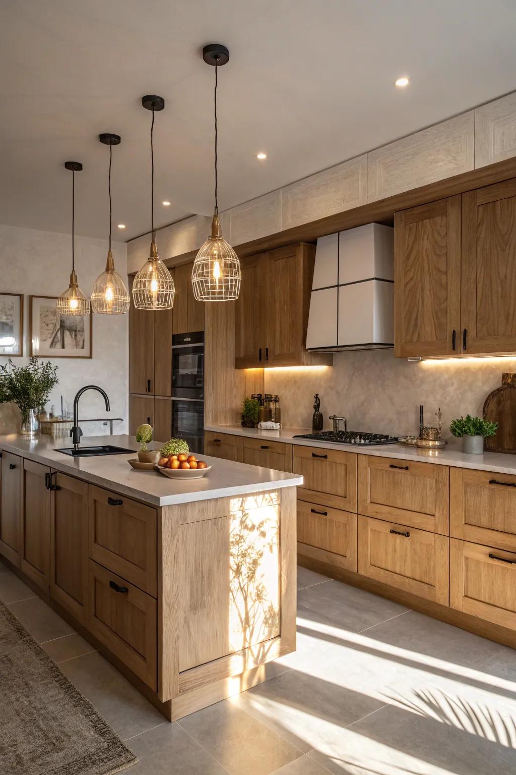 Contemporary lighting highlights the comforting warmth and elegance of oak cabinet kitchens.