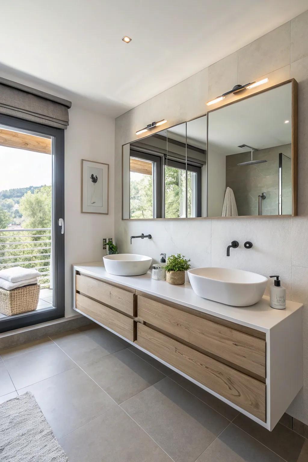 Floating vanities contribute to a spacious, modern look.