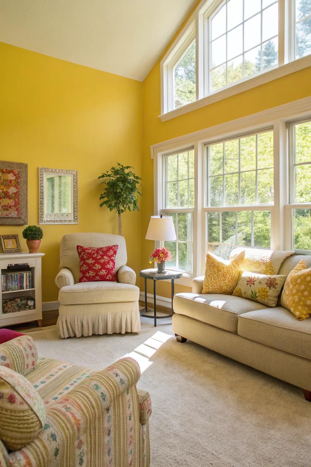 Solar burst walls flood this living room with warmth and joy.