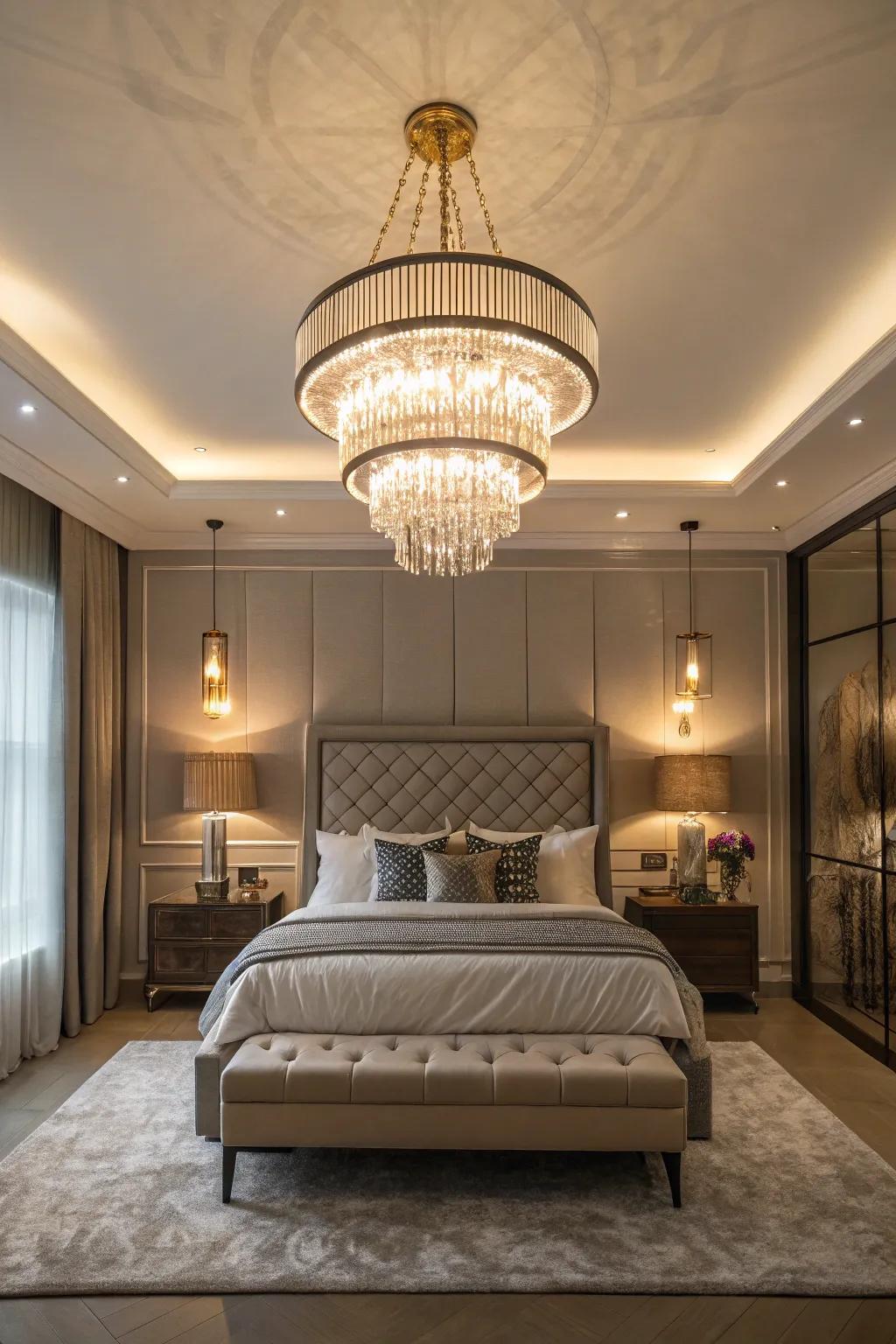 A stylish chandelier contributes refinement to this modern primary bedroom.