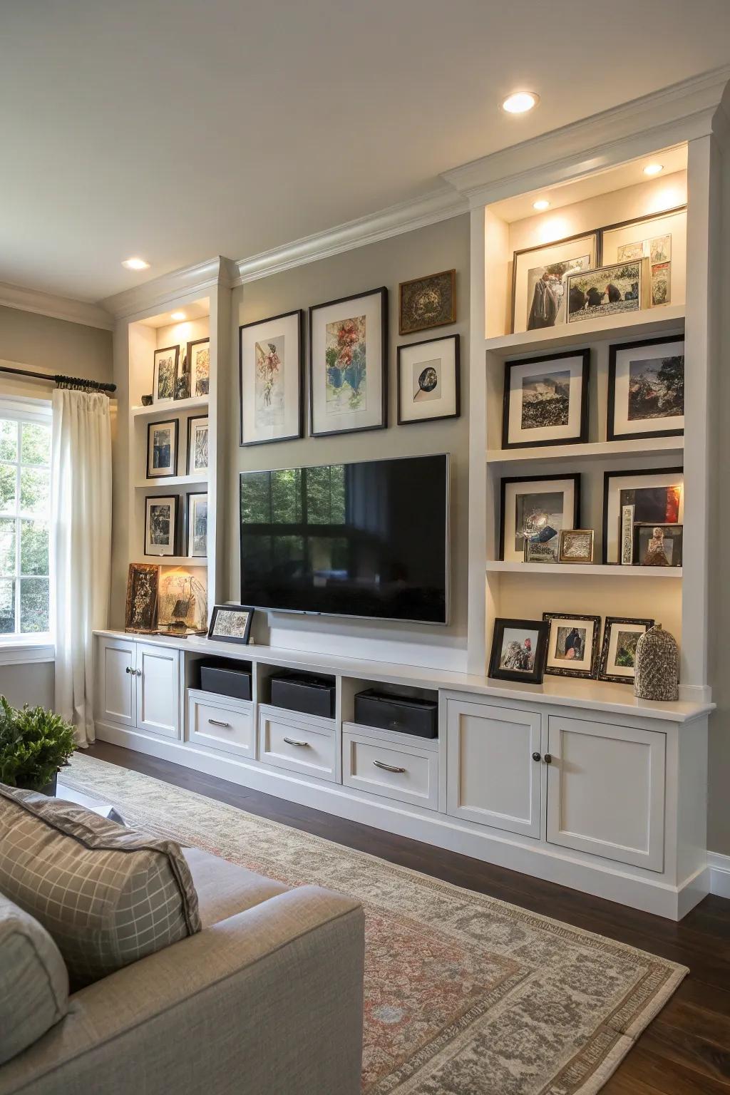 A gallery-style wall crafts a unified and custom media wall design.