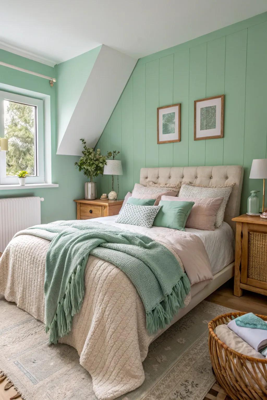 A cozy mint green bedroom with layered textiles.