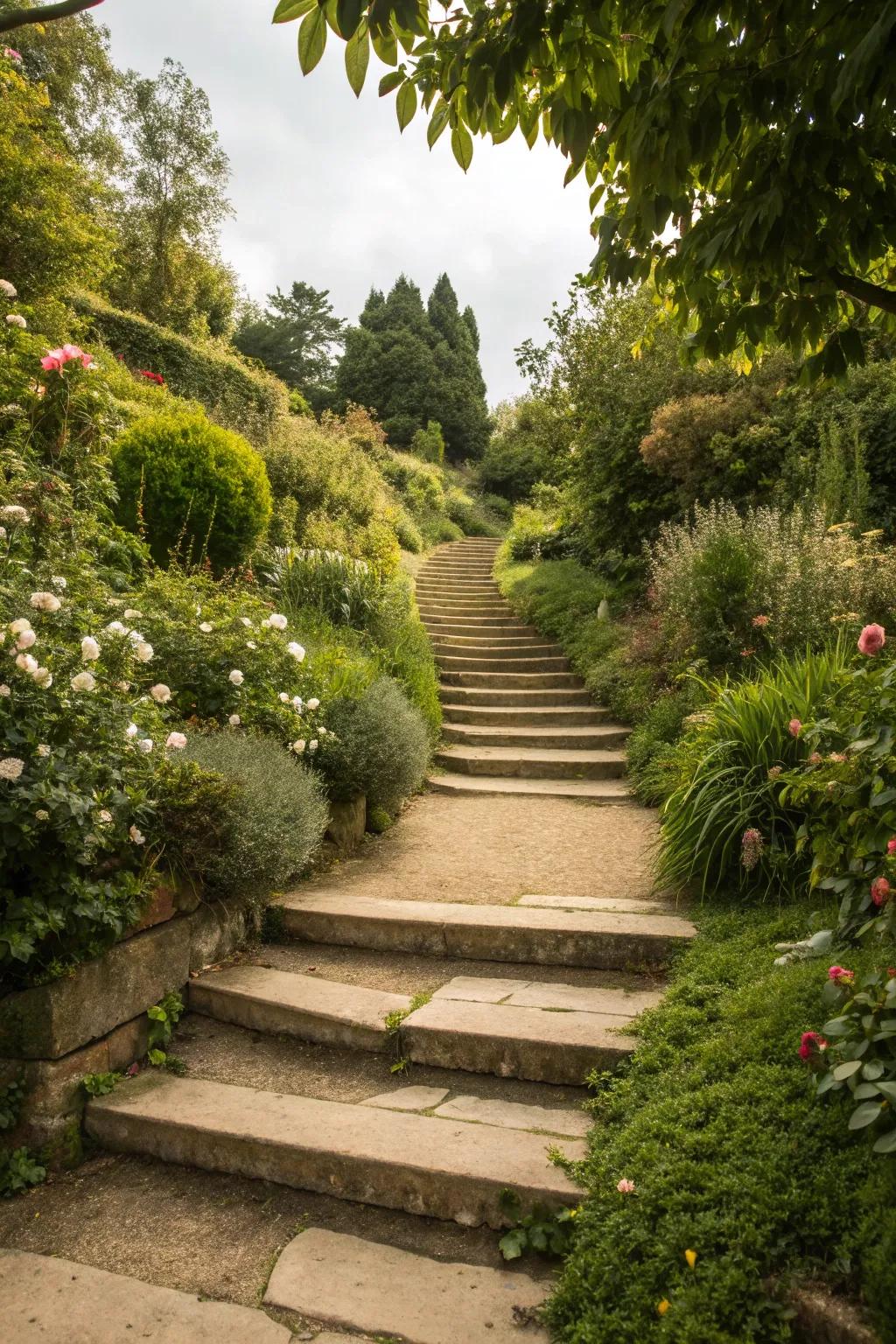 A garden path designed with multiple levels, adding depth and intrigue.