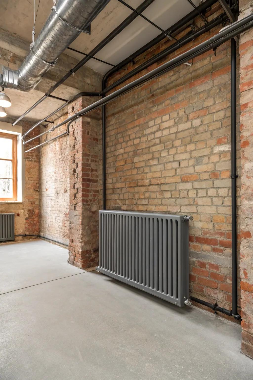 An industrial-style room featuring a metal radiator cover.