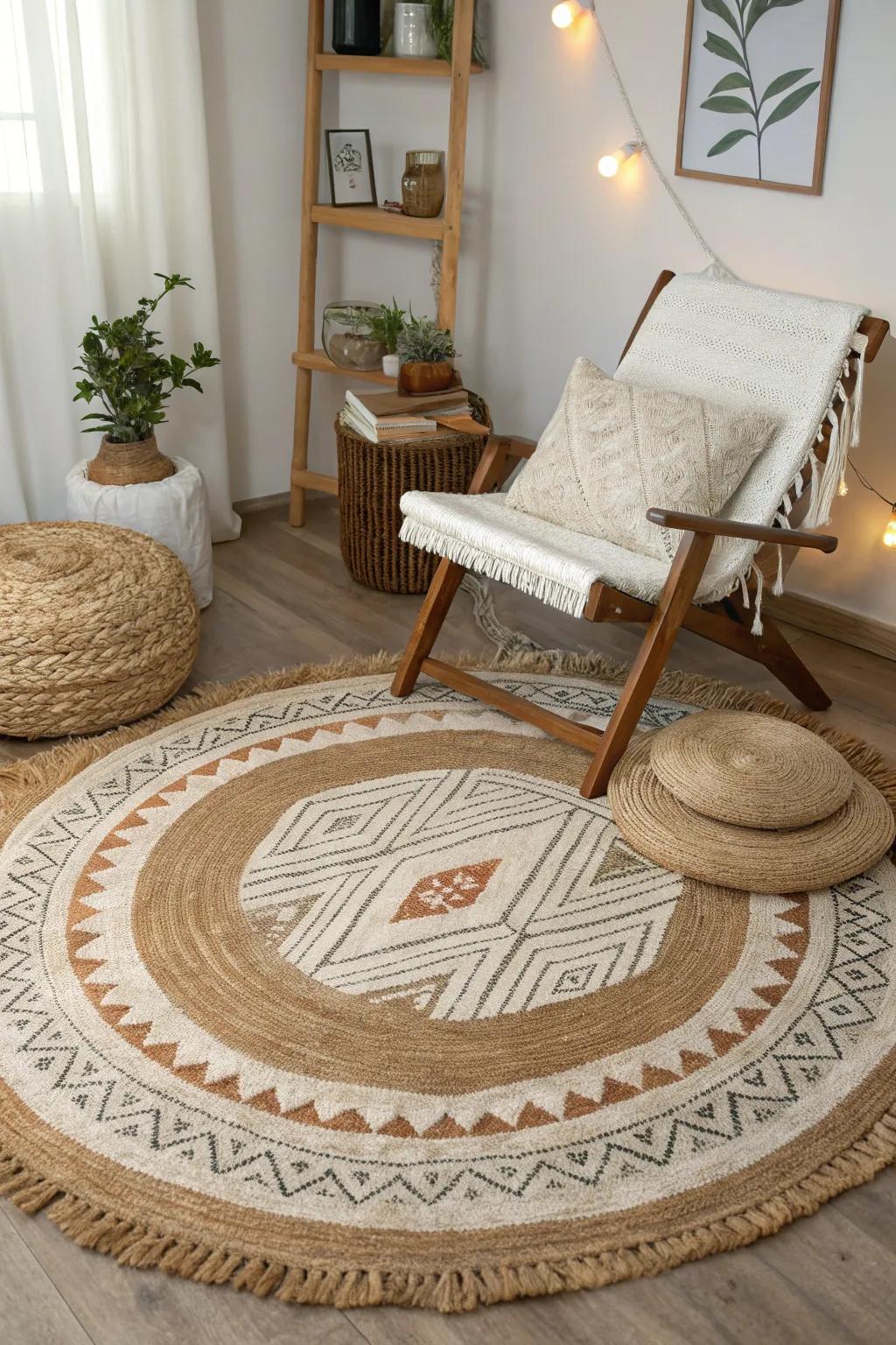 Layered carpets offer texture and an inviting ambiance.