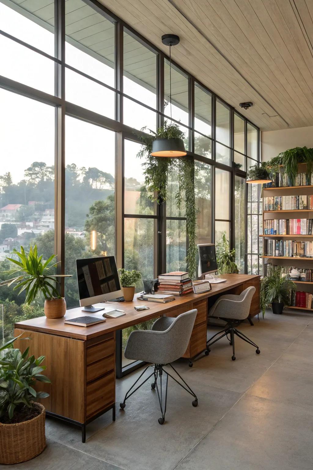 Sunlight enriches the mood and vitality in a rustic office.