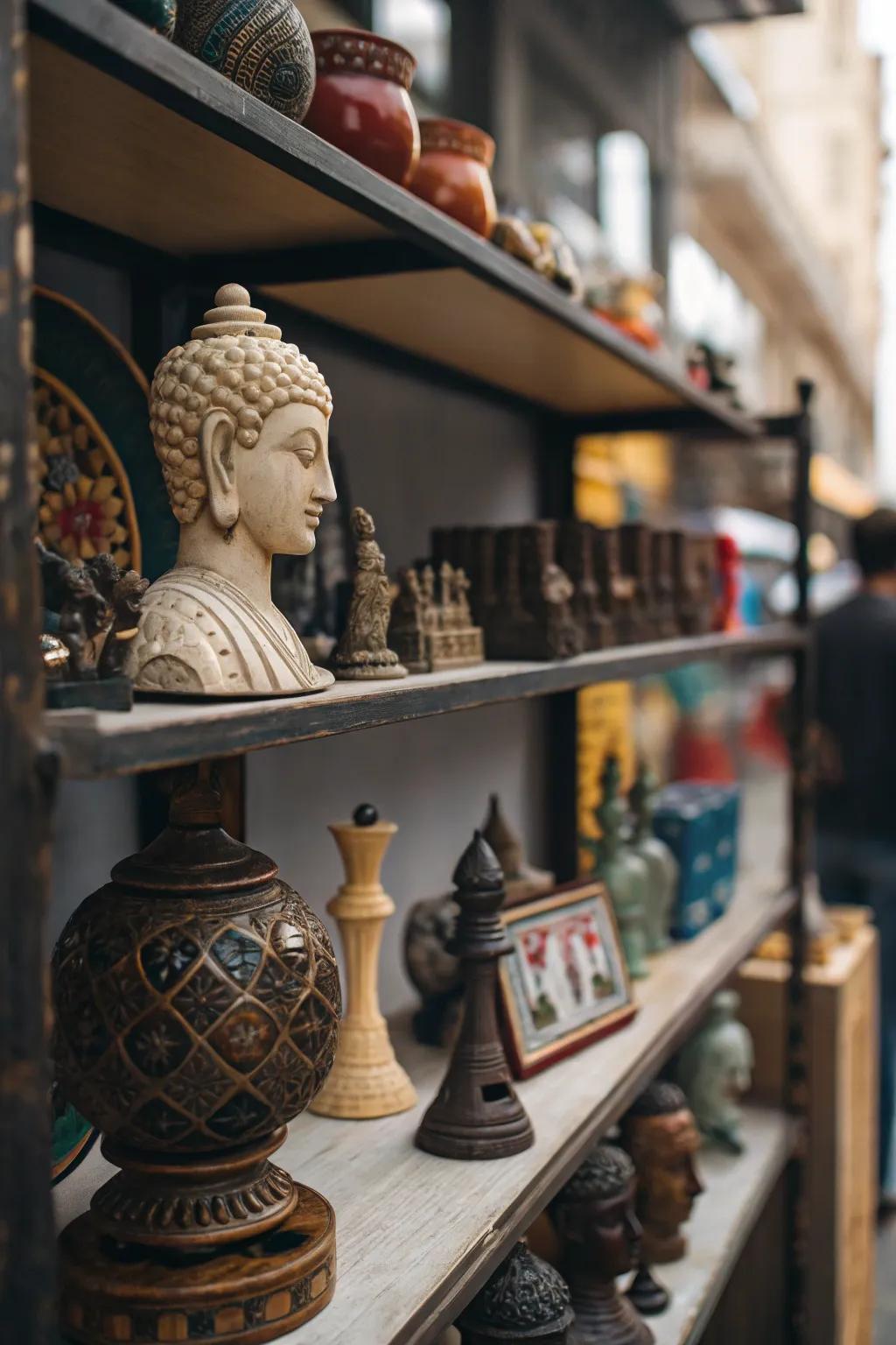 Create an impression with ornamental accents on your shelf.