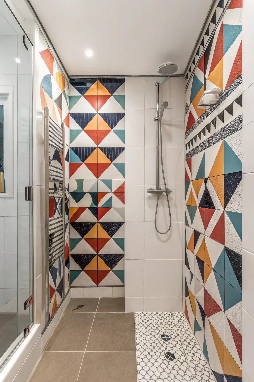 A shower that features innovative geometric tile patterns for a daring aesthetic.