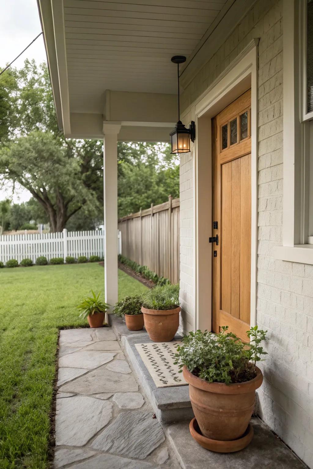 A compact front porch displaying a soothing neutral and organic color scheme for a calming influence.